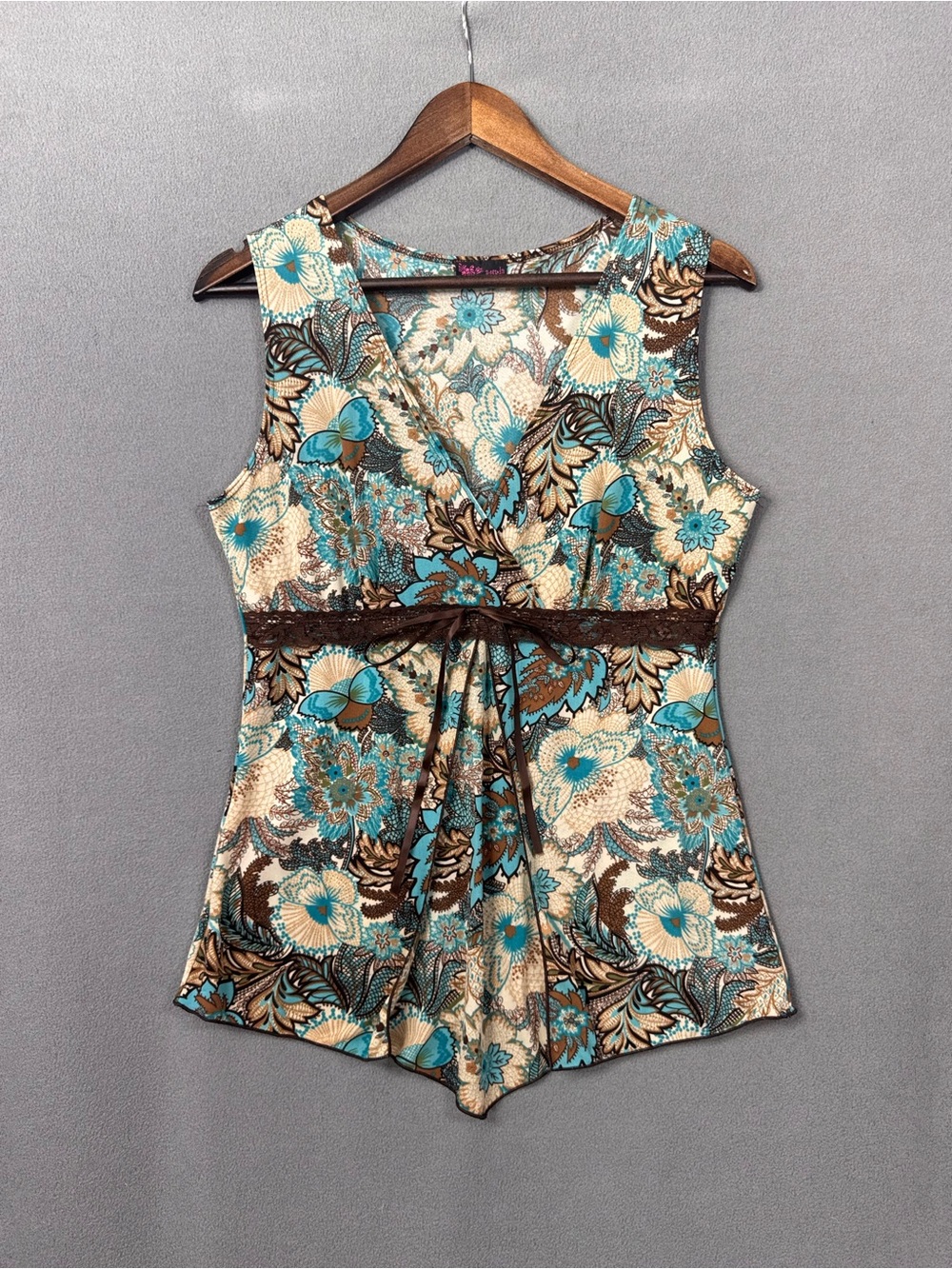 Y2K Vintage Agenda Babydoll Top, Teal Blue and Brown Floral V-Neck Lace Trim, M